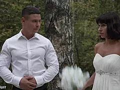 pretty brunette bride moans wet pussy bent over doggystyle two monster cocks facial before wedding quickie