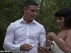 pretty brunette bride moans wet pussy bent over doggystyle two monster cocks facial before wedding quickie