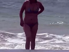 excitedly masturbating on beach as stepson fills hairy pussy