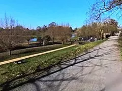 exhibitionist wife flashes her saggy natural tits and big pussy on public bench