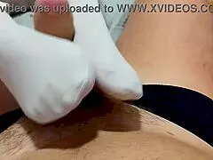 milf strokes cock with nylon feet in pov before pantyhose cumshot