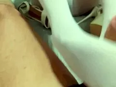 milf strokes cock with nylon feet in pov before pantyhose cumshot