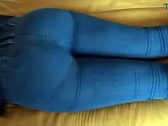 My stepmom's huge ass slips into tight jeans teasing me while I stroke hard