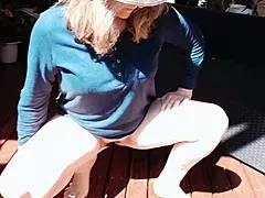 Hey mature blonde, squat outdoors pants off and flash that meaty shaved gaping cunt?