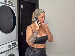 Stuck stepmom's wet pussy takes stepsons huge cock deep