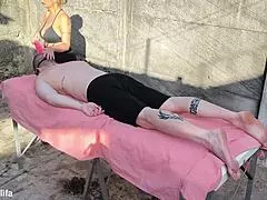 Stepmom's huge tits grope monster cock during massage, then pussy machine fucks her wet big ass bareback.