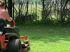 Hey neighbor's wife rides lawnmower naked outdoors flashing huge tits public group fetish