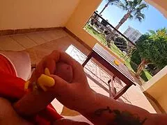stepmom yanks cock on terrace then bends for fat ass rooftop fuck!!