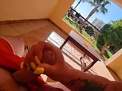 stepmom yanks cock on terrace then bends for fat ass rooftop fuck!!
