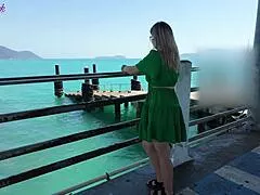 blonde milf shivers in ecstasy from remote vibrator buzzing her soaked panties outdoors