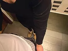 she rubs her tight wet pussy through pantyhose until massive cumshot hits in toilet