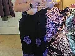 😍 bbw brunette milf teases huge natural tits then rips dress for sexy naked striptease dance! 💃🔥