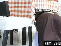 Stepdad stares at stepdaughter's bare pussy under table