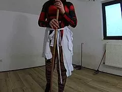 Horny Maid Pounds Pussy with Broom and Mop in Abandoned House