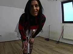 Horny Maid Pounds Pussy with Broom and Mop in Abandoned House