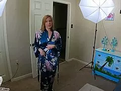 stepmom jane cane poses nude while stepson films her shiny big cock ride