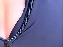 tight-shirted wife flashes massive cleavage for public outdoor thrills