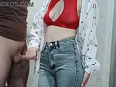 man, this sexy stepmom in lingerie massages and jerks off her stepson's throbbing cock