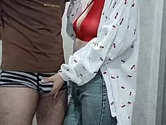 man, this sexy stepmom in lingerie massages and jerks off her stepson's throbbing cock