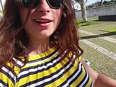 young guy spies on big tits latina mommy in park touches her 😏 she loves it