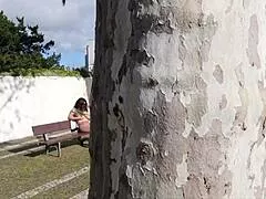 young guy spies on big tits latina mommy in park touches her 😏 she loves it