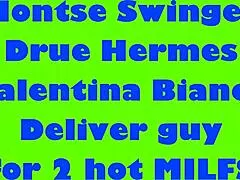 Delivery man knocks as two mature women eagerly await his arrival.