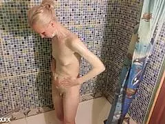 A Short Guy Licks Tall Skinny Mature's Small Tits Beaver Then Fucks Bathroom Style