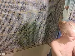 A Short Guy Licks Tall Skinny Mature's Small Tits Beaver Then Fucks Bathroom Style