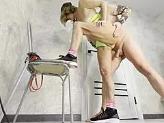 Sport lady's wet pussy gushes creampie from muscular stallion's monster cock close up