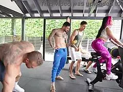 Gym Gangbang Overwhelms Her with Four Big Cocks Double Penetrating Wildly