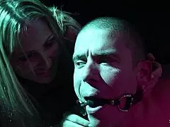 this domina milf with huge round ass straps on and fucks her bound slave's long cock rough