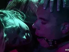 this domina milf with huge round ass straps on and fucks her bound slave's long cock rough