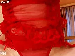Japanese 40 yo milf in red lingerie gets her wet pussy drilled deep