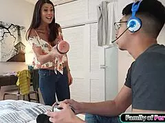 stepmom gets anal fingered by stepson plus toy play in old young taboo brunette milf action.
