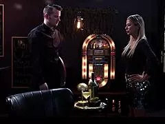 Blonde milf hostess frozen stiff huge tits exposed for teasing time-stop touches and licks