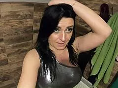 Rip that shiny nylon jumpsuit off in the bathroom! Cum cleanup dirty dancing and wild pee play