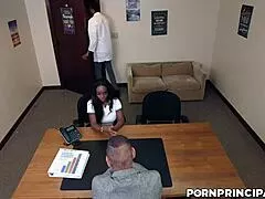 StepMom Naomi Foxxx's lingerie pussy gets pounded deep by stepson and principal in office threesome