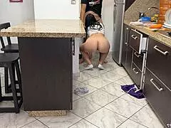 Madrastra bends her fat latina ass over kitchen counter for deep pounding and huge blowjob