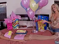 Tasha Reign and lesbian partner fuck with double dildo driving to wild orgasms