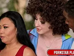 sexy leya falcon big tits cougar dominates skinny brunette in lesbian muscle worship