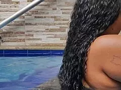 Fudi pounds Suzy Furacão's tight asshole poolside with big black cock brazilian style