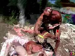 mature babe nicky wayne handles double cocks bent over doggystyle outdoors mmf quickie