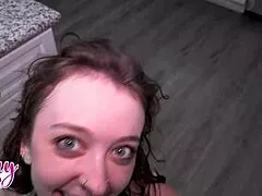 Boss fills petite babysitter Sunny Daze's tight hole on counter top