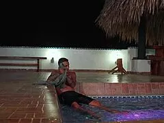 Late night backyard pool fuck with stepsons best friend while husband and stepdaughter sleep nearby