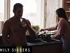 brunette milf tastes stepsons cock then rides on bed