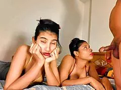 two horny brunettes share one lucky cock in threesome