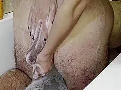 Wife shaves husband before bisexual double dildo play at home