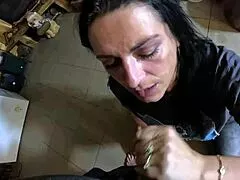 Tight jeans slut gags during facefuck.