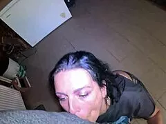 Tight jeans slut gags during facefuck.