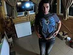 Tight jeans slut gags during facefuck.